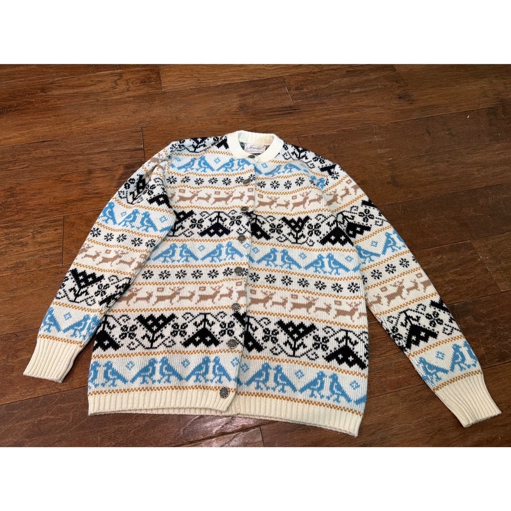 Vintage Jersild Cardigan Sweater 42 Reindeer Fair Isle‎ Orlon Acrylic Blue Cream